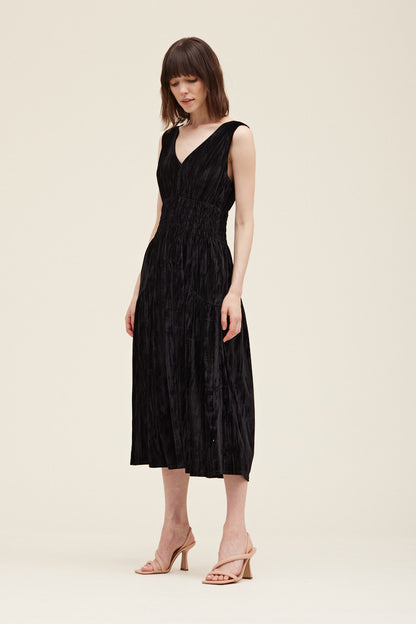 Kucho Black Crushed Velvet Smocked Waist Dress