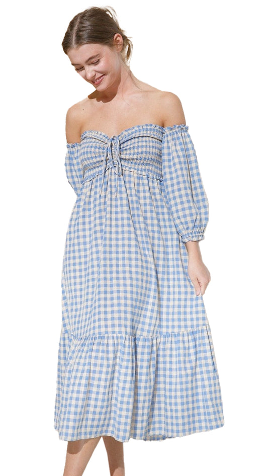 Kucho Cutie Baby Blue Gingham Dress - 100% Rayon