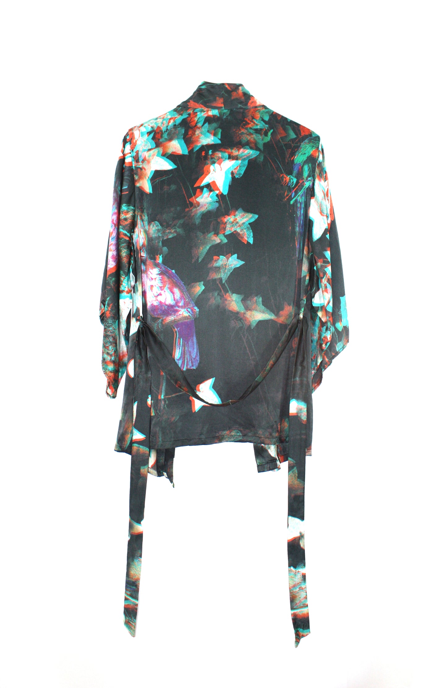 Kucho Green 3D Bird Print Silk Kimono - pre-loved