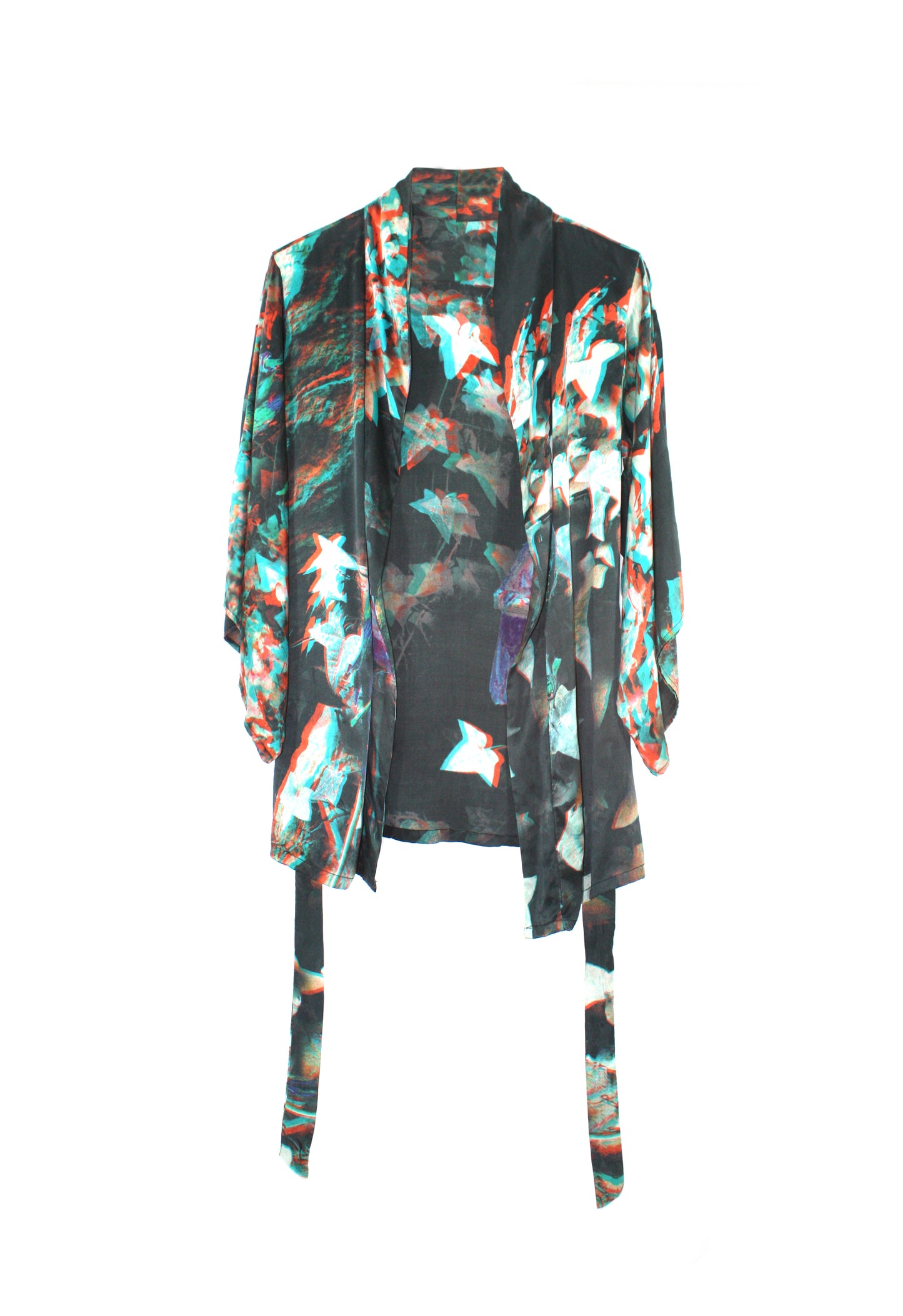 Kucho Green 3D Bird Print Silk Kimono - pre-loved