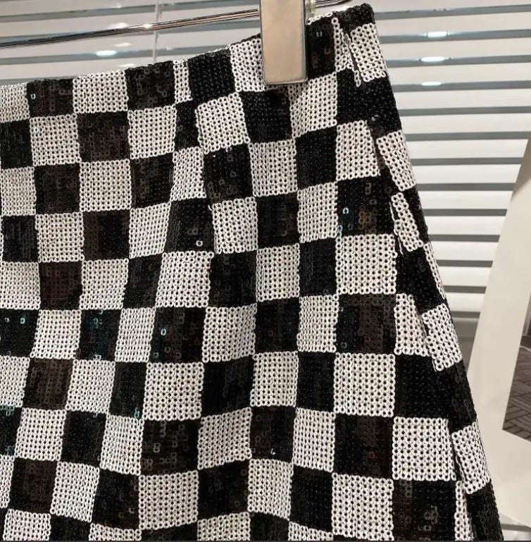 Kucho Black & White Check Sparkle Mini Skirt