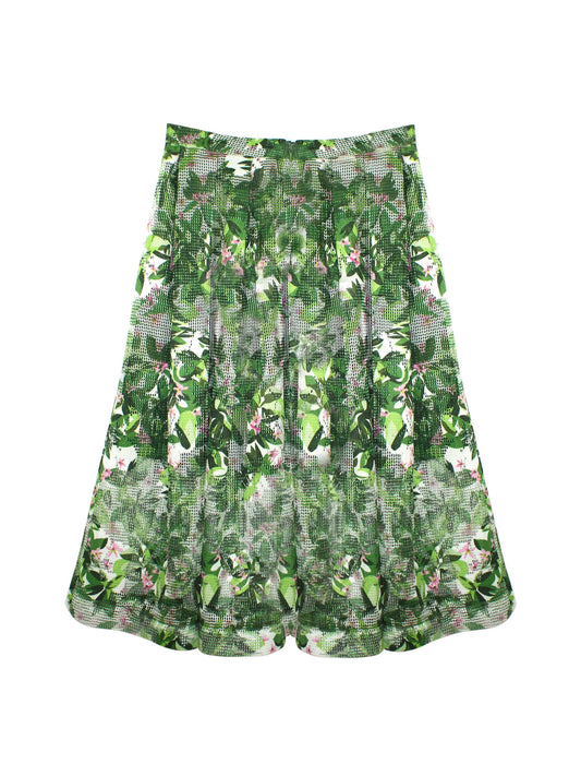 Kucho Green Floral Print Mesh Pleated Skirt